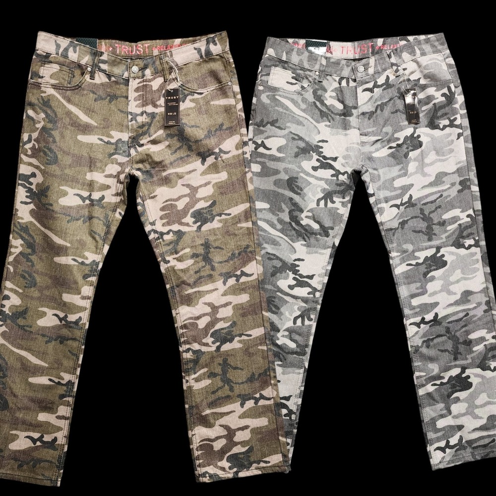 Lot of 2 TRUST Jeans Mens 36x32 Relaxed Straight Fit Olive & Gray Camo NEW